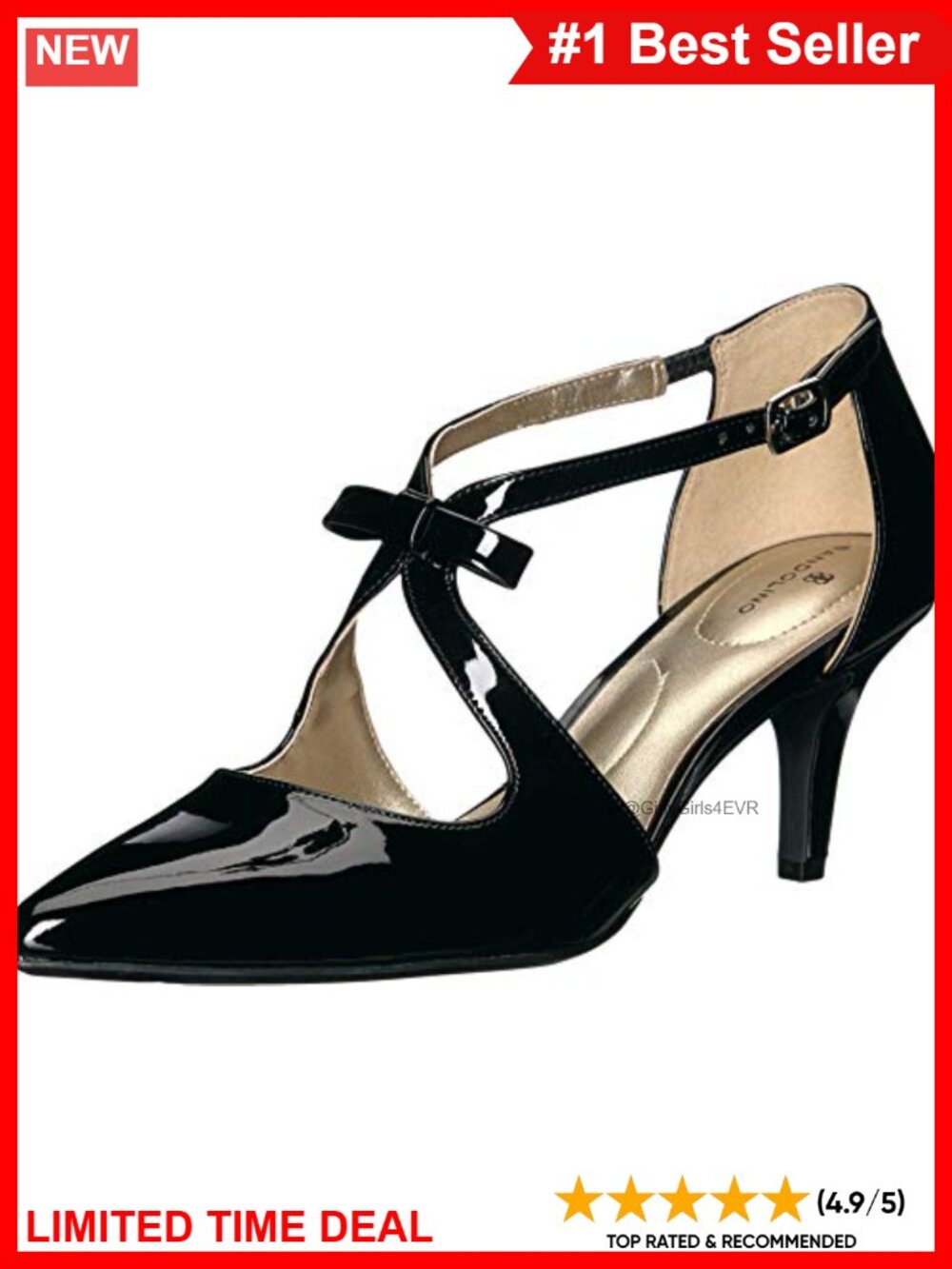 Pointed Toe Mid-Heel Pump with Center Bow Ankle Strap Dress Shoe